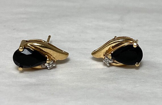 Pair Of 14 Karat Gold Earrings With Pear Cut Blac… - image 8