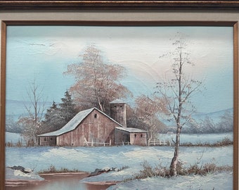 J Medina Signed Winter Barn Landscape Oil Painting / Framed Alice