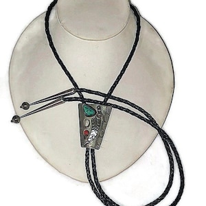 Artist Signed Navajo Handmade Bolo Tie With Sterling Silver, Turquoise, Mother Of Pearl And Red Coral Stones #DN TheShopsInUptown