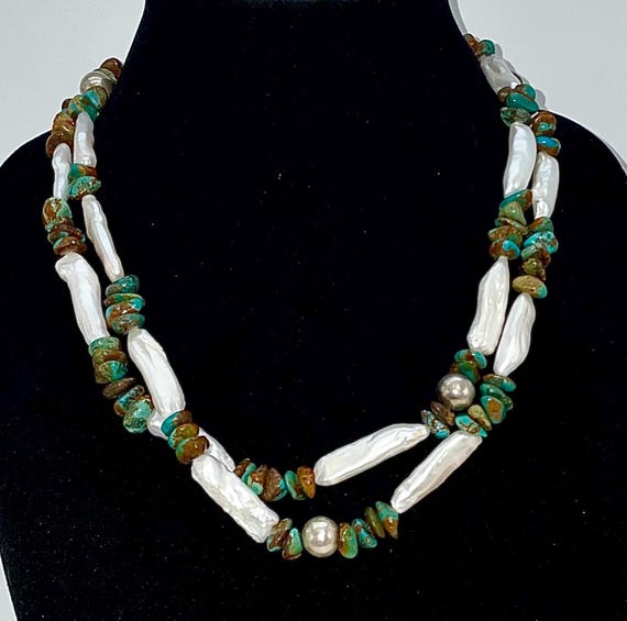 Long Beaded Necklace / Handmade Necklace Is Long With Sterling Silver, Mother Of Pearl & Turquoise Stone Beads #ST25 TheShopsInUptown