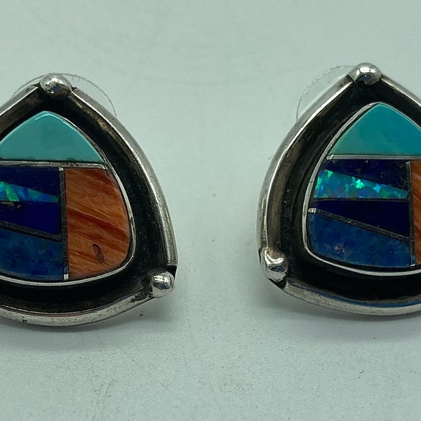 Small Pair Of Artist Signed Native American Handmade Triangular Shaped Sterling Silver Earrings With Multi-Stone Inlay #DN TheShopsInUptown