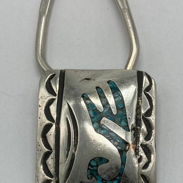 Vintage Willie Nezzie Signed Navajo Handmade Sterling Silver Keychain With Turquoise Chip Inlay Design #DMT TheShopsInUptown