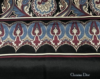 Christian Dior Vintage Silk And Wool Reversible Paisley Scarf In Black, Burgundy, Blue & Cream / ST26-SM / 0226 / TheShopsInUptown