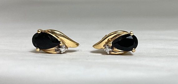 Pair Of 14 Karat Gold Earrings With Pear Cut Blac… - image 1