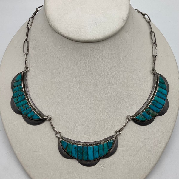 Native American Handmade Sterling Silver Choker / Bib / Panel Necklace With 3 Panels And 30 Turquoise Inlay Stones #37X TheShopsInUptown