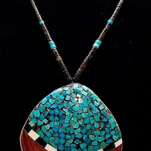 Old Santo Domingo Pueblo Necklace With Heishi Chain And Huge Shell Centerpiece With Multi-Stone Mosaic Inlay #DN TheShopsInUptown