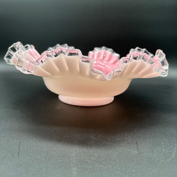 Fenton Pink and White Large Ruffle Cased Glass Bowl