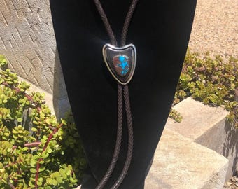 Edison Cummings Contemporary Navajo Sterling, Bisbee Turquoise + Ebony Bolo Tie - Award Winning Jeweler & Silversmith / ST26-SM / 0526