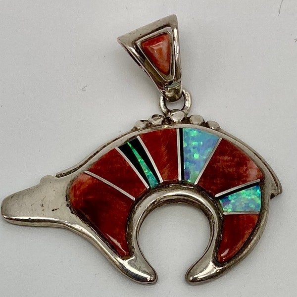 Small Calvin Begay Signed Navajo Handmade Sterling Silver Bear Pendant With Opal, Spiny Oyster, And Jet Inlay #DN TheShopsInUptown