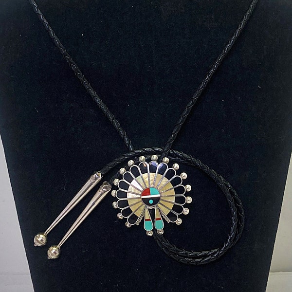 Victoria Linkestine Signed Zuni Handmade Bolo Tie With Sterling Silver And Multi Stone Inlay / Zuni Sun Face  #DMT TheShopsInUptown BSN