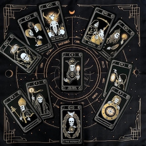 Jeu de tarots dorés, crânes en plastique 78 cartes de tarot sorcières avec guide, boîte, tissu et sac Classique débutant révélateur, jeu de cartes Oracle