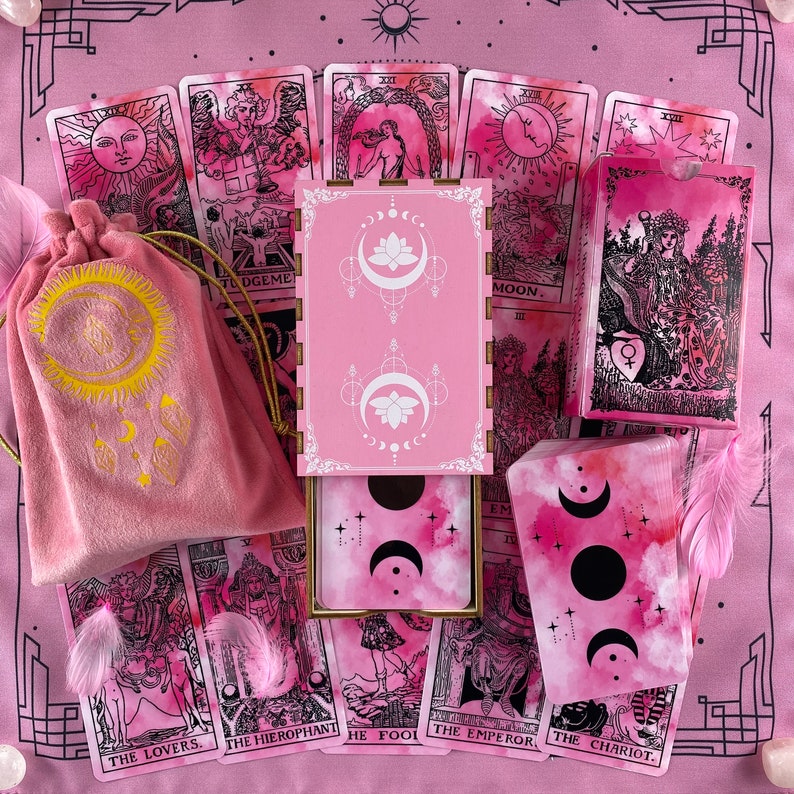 Tarot Deck Pink Sky,Plastic Tarot Cards 78 Gift Set with Guidebook,Box,Cloth&Bag Classic Beginner Future Telling Divination,Oracle deck 