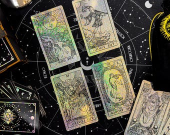 Tarot Cards Deck Rainbow Holographic Foil Crystal ,Tarot 78Cards Anti-Scratch Lamination Witchy Gift Set with Guidebook,Box,Cloth&Bag