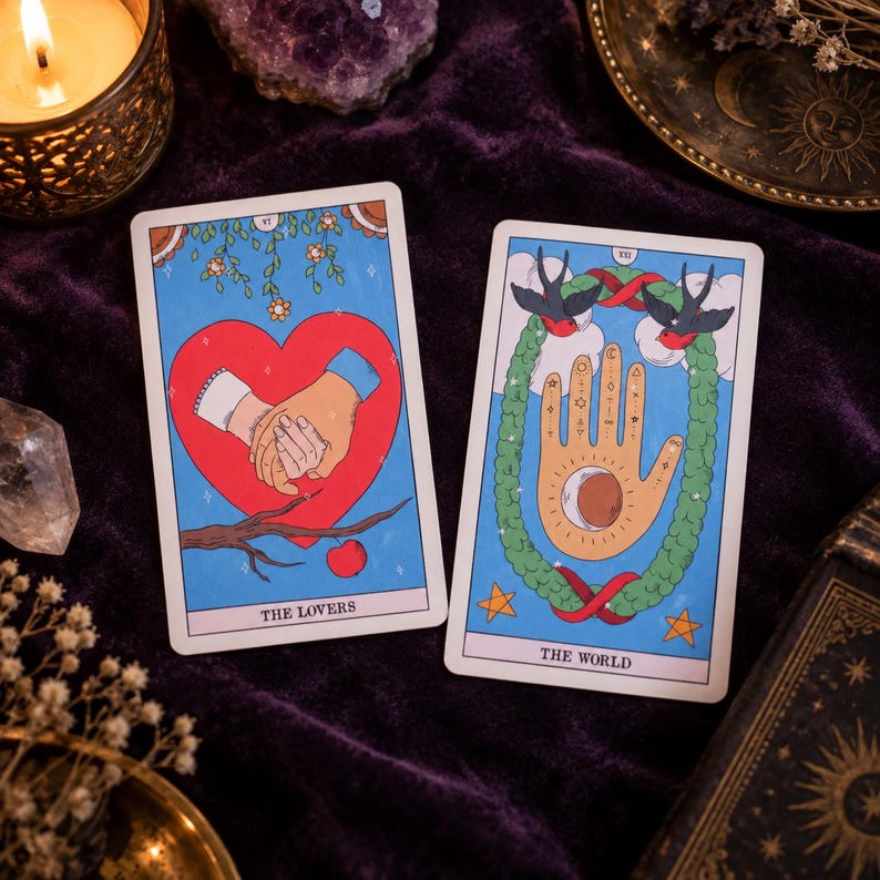 K&ouml;nnte beinhalten: Zwei Tarotkarten auf einer violetten Samtoberfl&auml;che. Die linke Karte mit der Aufschrift THE LOVERS zeigt zwei ineinander verschlungene H&auml;nde in einem gro&szlig;en roten Herzen. Die rechte Karte, THE WORLD, zeigt eine Hand mit Symbolen und Kranz.
