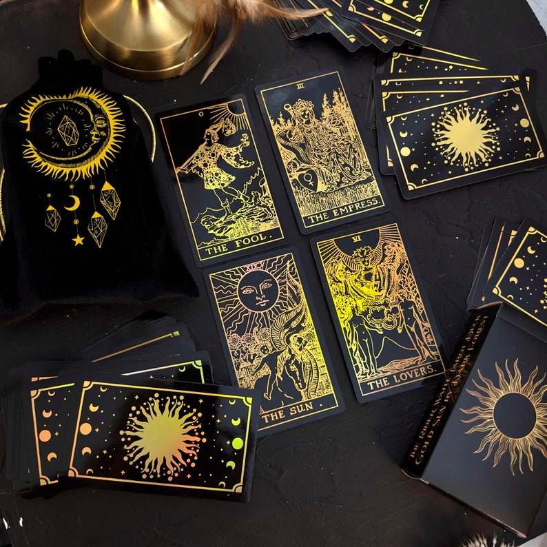 Tarot Deck Cards Foil Gold Rainbow,Anti-Scratch Lamination 78 Tarot Cards With Guidebook Tarot Gift Set with Guidebook,Box,Cloth&Bag Cards&Bag
