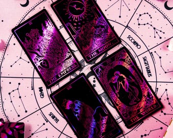 Tarot Deck Cards Pink and Purple Neon Foil, Anti-Scratch Lamination 78 Tarot Cards With Guidebook, Tarot Gift Set, Valentines Day Gift