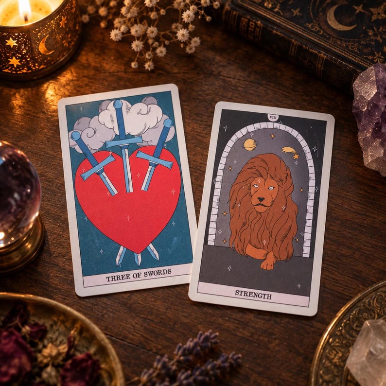 K&ouml;nnte beinhalten: Zwei rechteckige Tarotkarten mit Illustrationen. Die linke Karte mit der Aufschrift THREE OF SWORDS zeigt ein gro&szlig;es rotes Herz, das von drei blauen Schwertern durchbohrt wird, vor einem dunkelblauen Hintergrund mit Wolken. Die rechte Karte, STRENGTH, zeigt einen braunen L&ouml;wen.