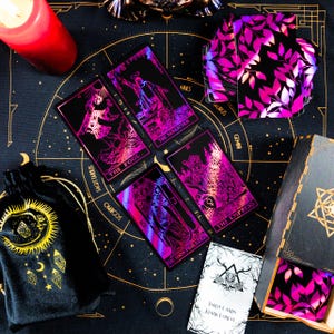 Jeu de cartes de tarot feuille néon violette, tarot 78 cartes anti-rayures plastification sorcière coffret avec guide, boîte, tissu et sac Tarot pour débutant