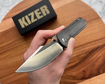 New Kizer Harpoon Fold Elmax, Hollow Grind, Titanium Micarta