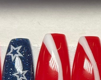 Red white and blue press on nails