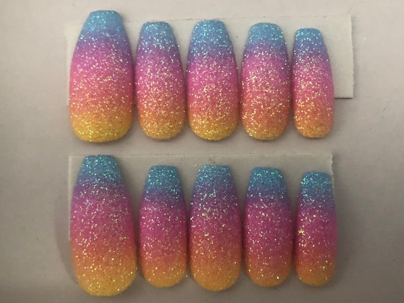 Rainbow ombré sugar glitter press on nails