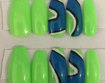 Lime green and blue press on nails