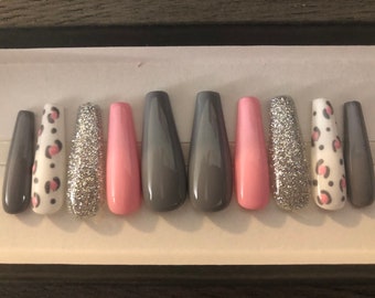 Pink gray and silver glitter cheetah press on nails