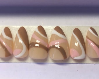 Brown pink white swirls press on nails