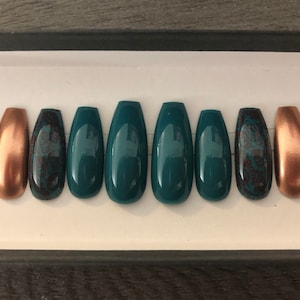 Teal and copper fall leaves press on nails