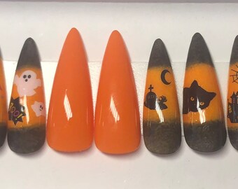 Halloween black and orange press on nails