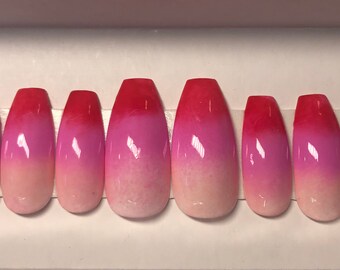 Red and pink ombré kiss press on nails