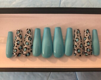 Blue and silver glitter cheetah press on nails