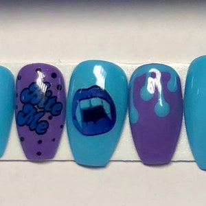 Halloween purple and aqua vampire bite me press on nails