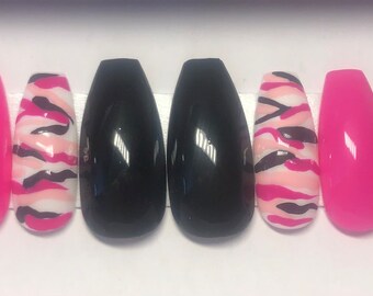 Pink and black camo press on nails