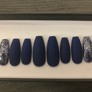 Navy blue matte with silver sparkle press on nails