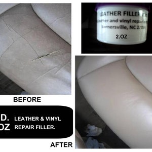 May include: Before and after photos showing the use of a leather and vinyl repair filler. The before photo shows a damaged leather car seat with cracks and tears. The after photo shows the same seat with the damage repaired. The product label reads "H.D. Leather & Vinyl 2.0Z Repair Filler."
