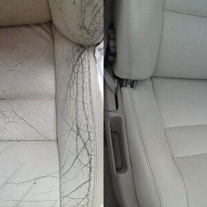 May include: Before and after images of a car seat. The before image shows a worn, dirty, and cracked leather car seat. The after image shows the same car seat, but it is clean and free of cracks. The seat is light gray.