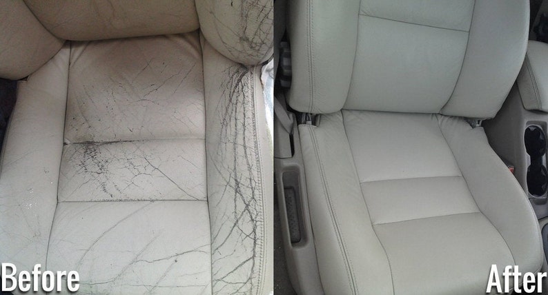 May include: Before and after images of a car seat. The before image shows a worn, dirty, and cracked leather car seat. The after image shows the same car seat, but it is clean and free of cracks. The seat is light gray.