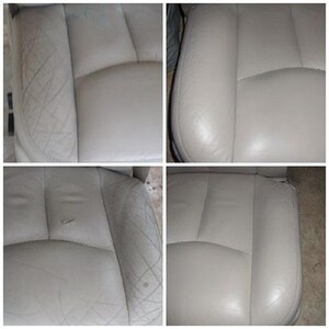 May include: Four close-up images of a light beige car seat showing wear and tear. The images show the seat from different angles, highlighting the wrinkles, creases, and scuffs on the fabric.