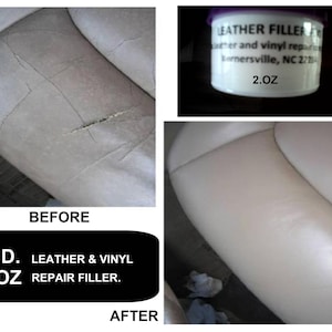 May include: Before and after photos showing the use of a leather and vinyl repair filler. The before photo shows a damaged leather car seat with cracks and tears. The after photo shows the same seat with the damage repaired and the leather looking smooth and new. The product label reads "H.D. Leather & Vinyl 2.0Z Repair Filler."