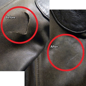 May include: Before and after images of a leather jacket with a tear repaired. The tear is circled in red in the before image and the repaired area is circled in red in the after image.