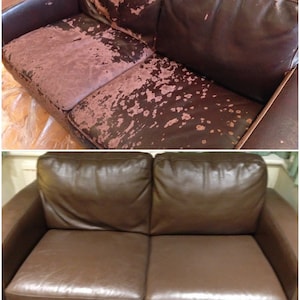 May include: Before and after images of a brown leather sofa. The sofa has been reupholstered and looks new.