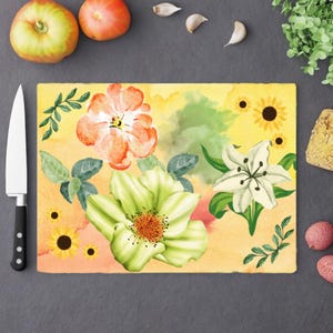 Floral Watercolor Glass Cutting Board Sublimation PNG Design Bundle - Instant Download for Kitchen Decor