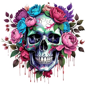Floral schedel sublimatie clipart 3 – Gotische schedel met vlinders en bloemen | Digitale sticker | 300 dpi| Digitale download