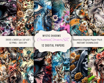 Gothic Digital Paper Pack: Dark Floral, Skull & Eye PNG Backgrounds (Digital Download)