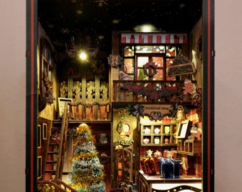 Christmas Shop - Fully Assembled Book Nook with LED - 3D Wooden Puzzle Bookshelf Decor