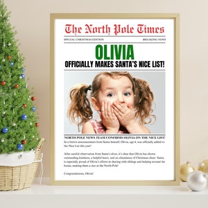 Plantilla de correo editable de periódico con lista de buenos deseos personalizada de North Pole Times para niños, carta personalizable para Papá Noel e imprimible