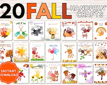May include: Twenty printable fall-themed handprint craft ideas for kids. Each card features a different fall-themed design, such as a turkey, owl, pumpkin, and leaves. The cards are perfect for creating fun and easy crafts with children.
