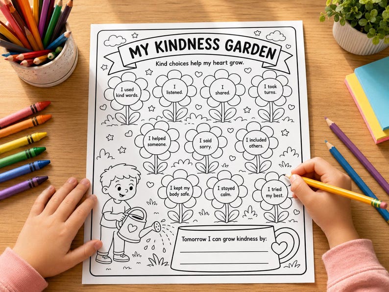 May include: A black and white printable activity sheet titled MY KINDNESS GARDEN with flower-shaped bubbles containing phrases like I used kind words, I listened, I shared, I took turns, I helped someone, I said sorry, I included others, I kept my body safe, I stayed calm, and I tried my best.