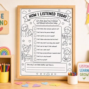 Arbeitsblatt zum Thema Zuhören (Kinder) – Soziales und emotionales Lernen – Anweisungen befolgen – Druckbare Reflexionsübung für den Unterricht